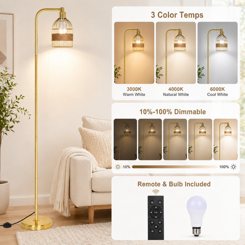 Gold floor lamp rattan - gold, shade
