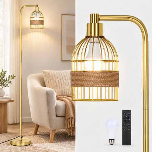 Gold floor lamp with rattan - gold,