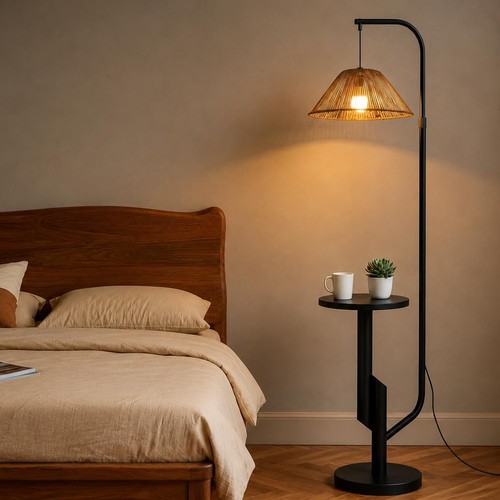 Rattan floor lamp with - rattan, shelf